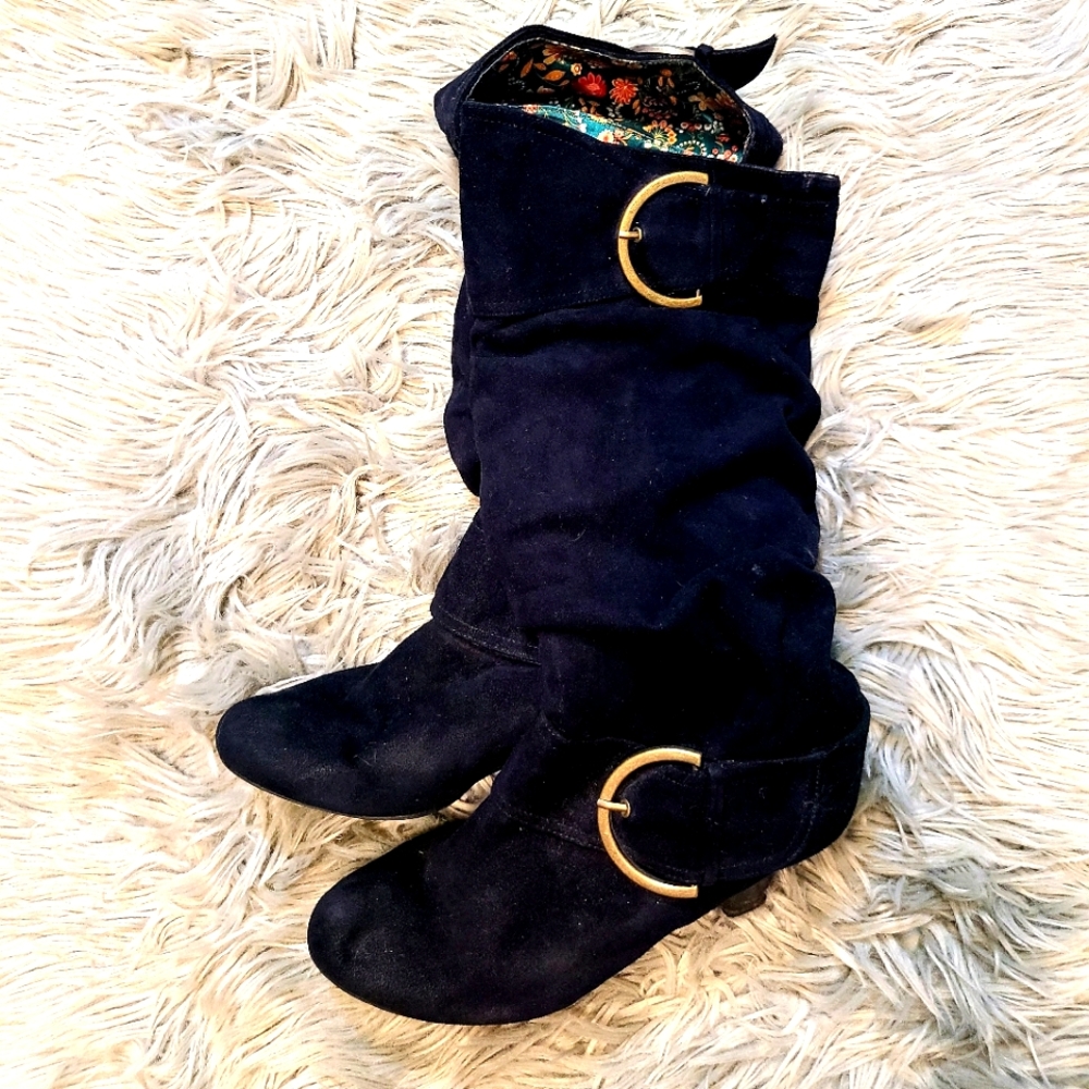 Black Wedge Heel Knee High Boots